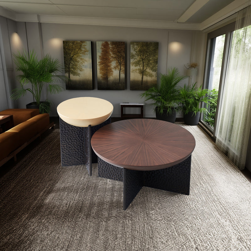 Geometric Cross Base Round Solid Wood Coffee Table - Scandinavian Radiating Grain Tea Table For Living Room