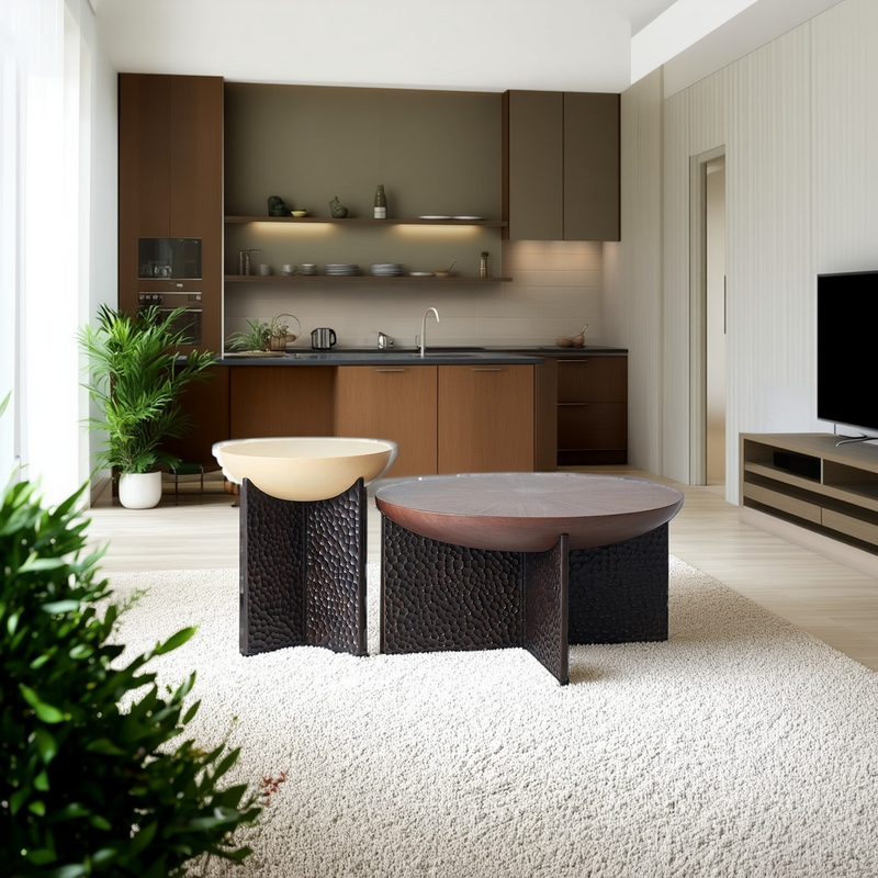 Geometric Cross Base Round Solid Wood Coffee Table - Scandinavian Radiating Grain Tea Table For Living Room
