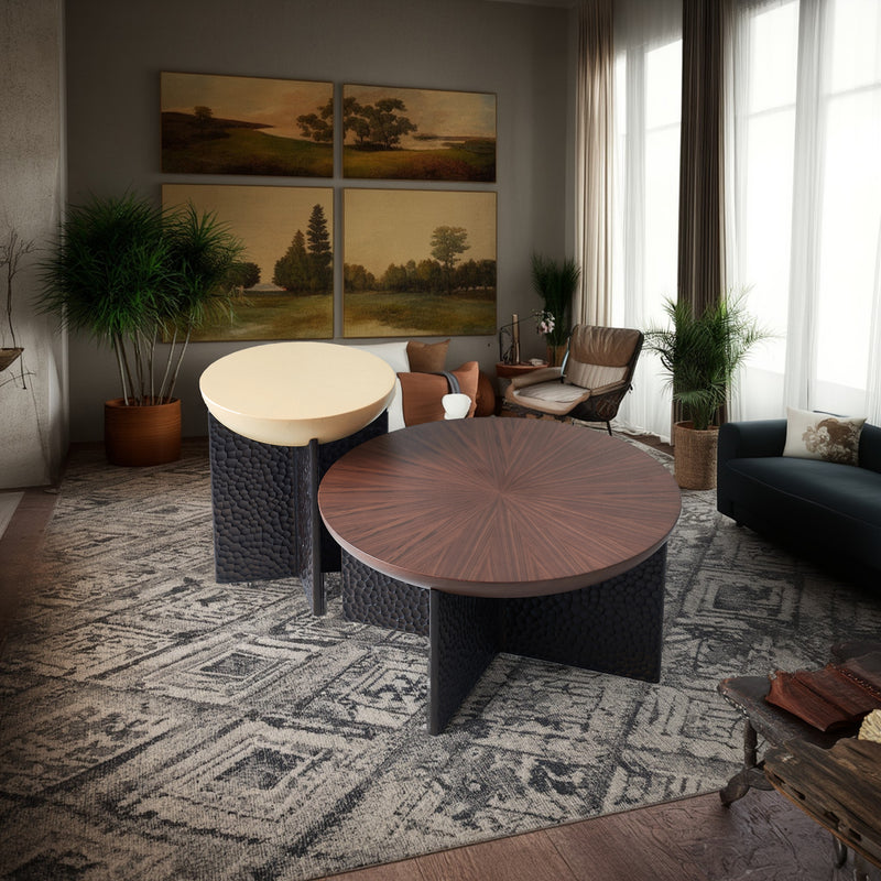 Geometric Cross Base Round Solid Wood Coffee Table - Scandinavian Radiating Grain Tea Table For Living Room