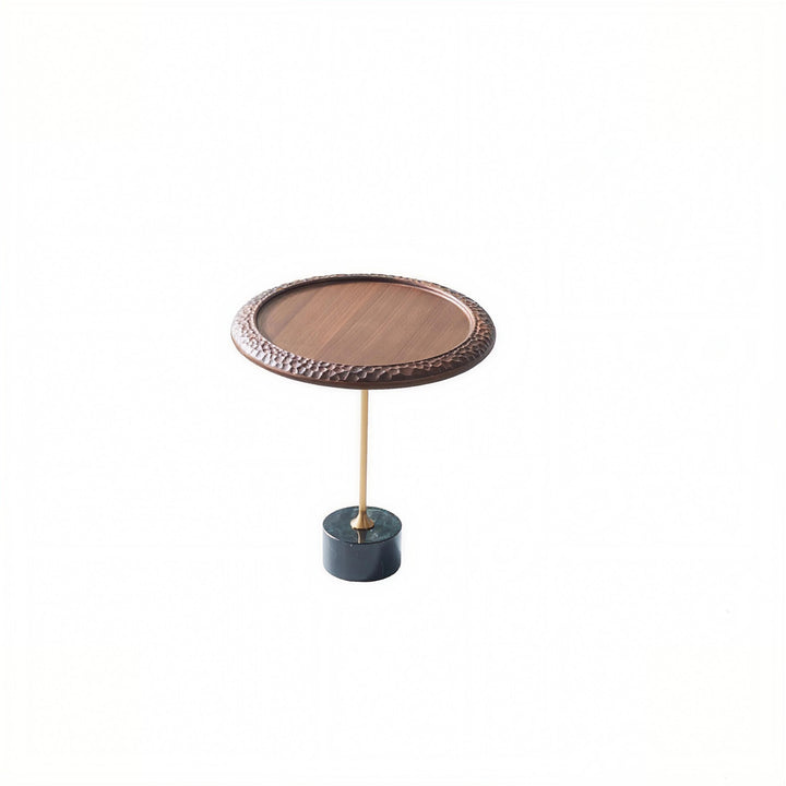 Hammered Edge Round Solid Wood Natural Marble End Table - Vintage Artistic Side Table For Living Room