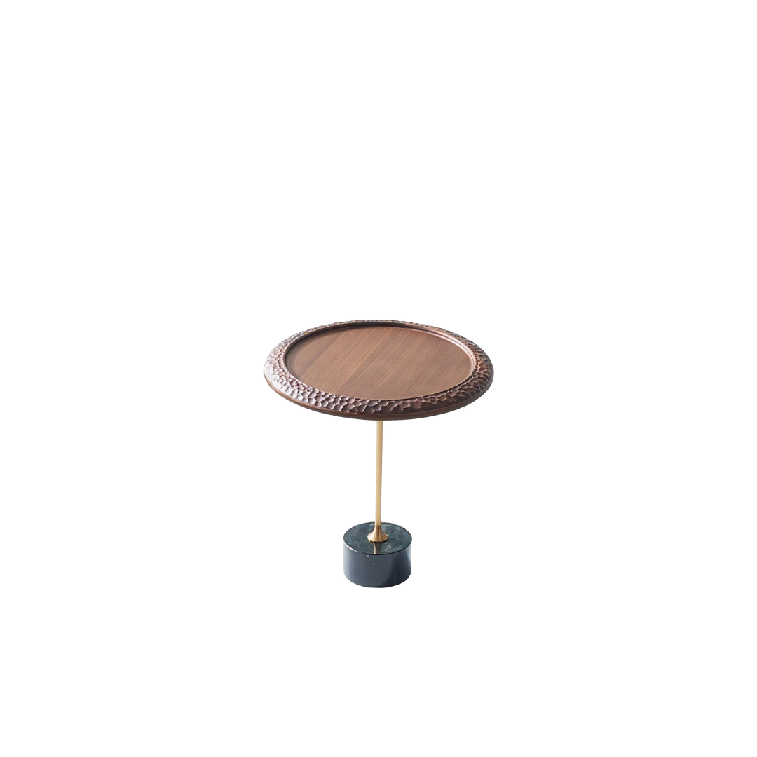 Hammered Edge Round Solid Wood Natural Marble End Table - Vintage Artistic Side Table For Living Room