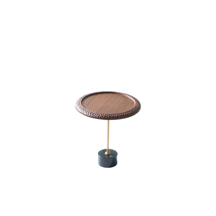 Hammered Edge Round Solid Wood Natural Marble End Table - Vintage Artistic Side Table For Living Room