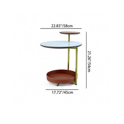 Two-Layer Round Rock Slab Ironwood Veneer Saddle Leather End Table - Creative Accent Side Table For Living Room