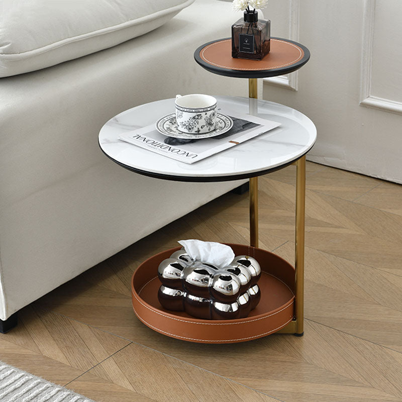 Two-Layer Round Rock Slab Ironwood Veneer Saddle Leather End Table - Creative Accent Side Table For Living Room