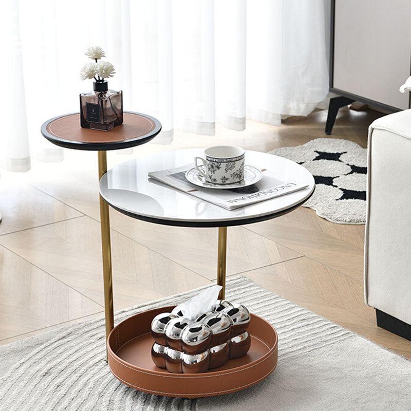 Two-Layer Round Rock Slab Ironwood Veneer Saddle Leather End Table - Creative Accent Side Table For Living Room