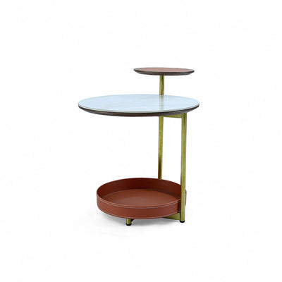 Two-Layer Round Rock Slab Ironwood Veneer Saddle Leather End Table - Creative Accent Side Table For Living Room