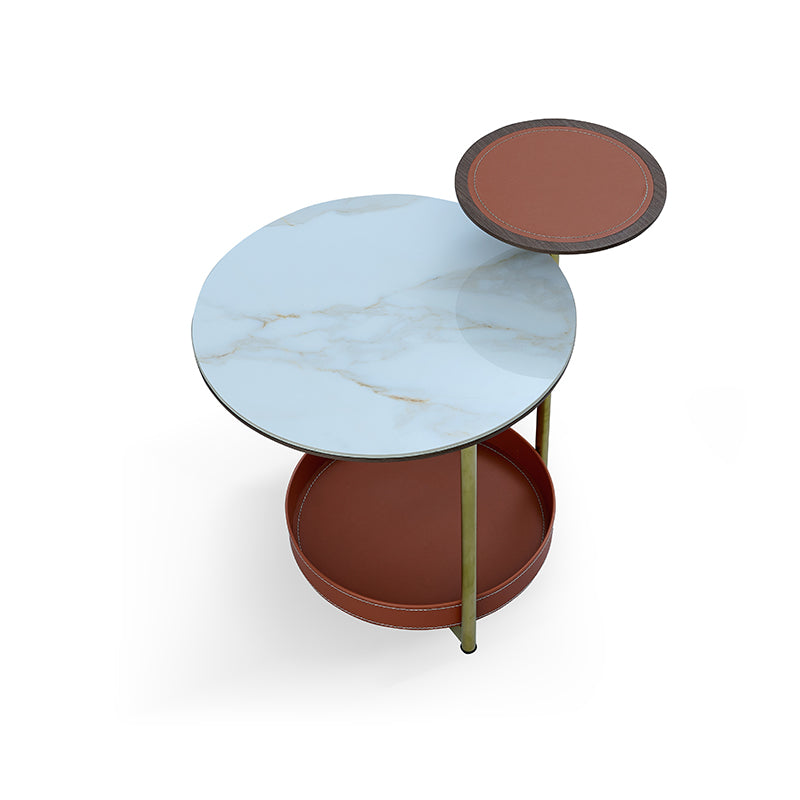 Two-Layer Round Rock Slab Ironwood Veneer Saddle Leather End Table - Creative Accent Side Table For Living Room