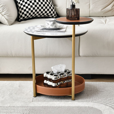 Two-Layer Round Rock Slab Ironwood Veneer Saddle Leather End Table - Creative Accent Side Table For Living Room