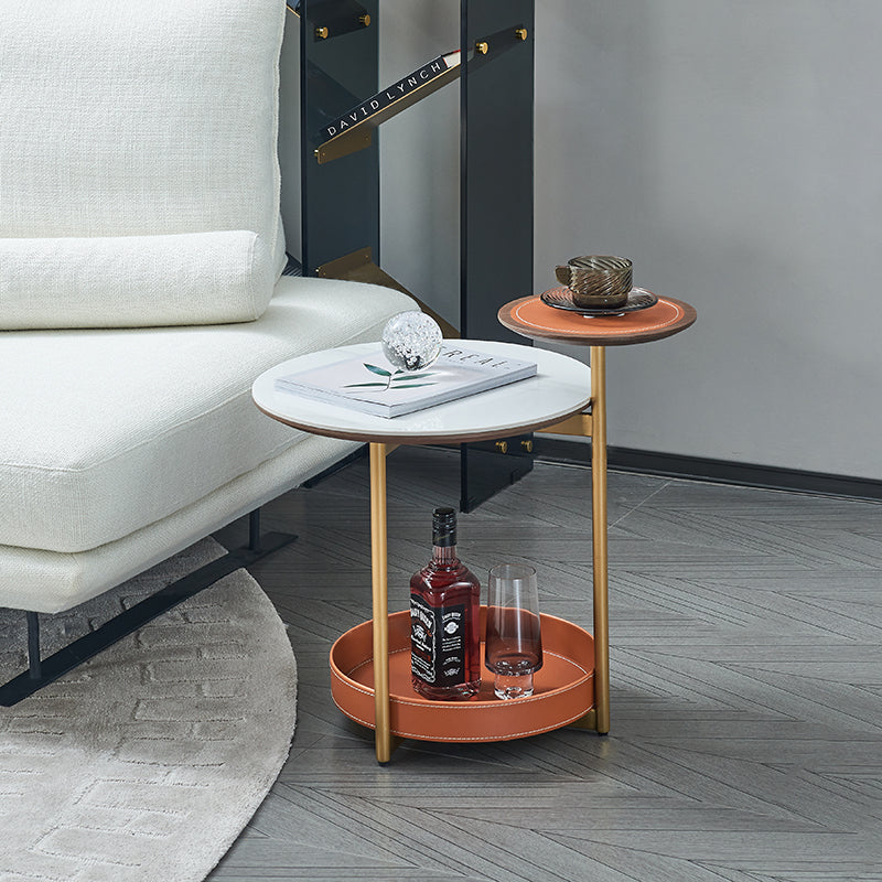 Two-Layer Round Rock Slab Ironwood Veneer Saddle Leather End Table - Creative Accent Side Table For Living Room