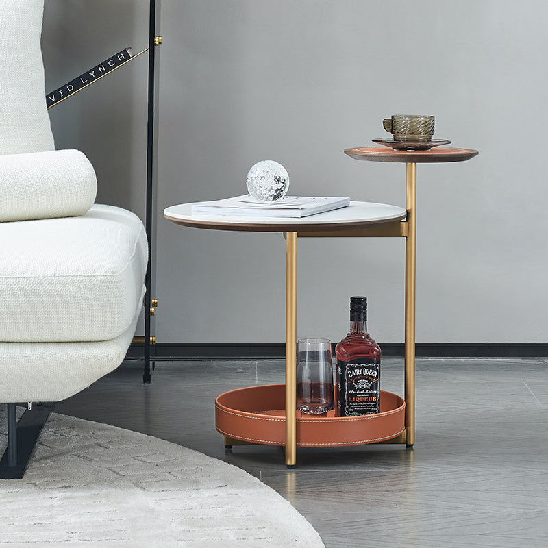 Two-Layer Round Rock Slab Ironwood Veneer Saddle Leather End Table - Creative Accent Side Table For Living Room