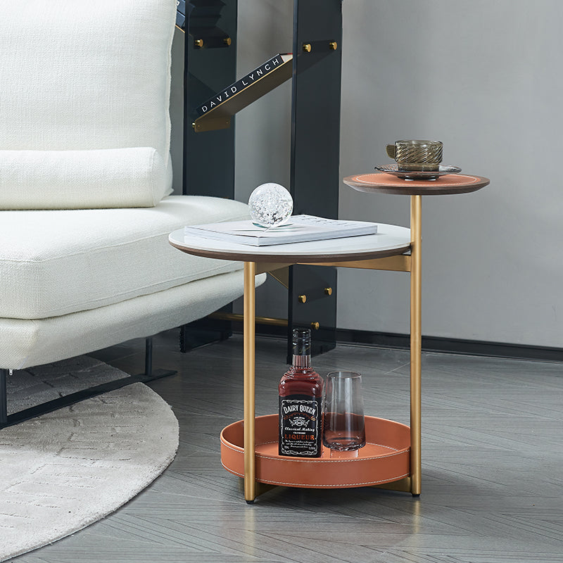 Two-Layer Round Rock Slab Ironwood Veneer Saddle Leather End Table - Creative Accent Side Table For Living Room