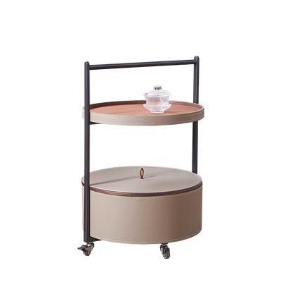 Smooth Casters Round Saddle Leather End Table - Creative 1-Tier Accent Trolley For Living Room