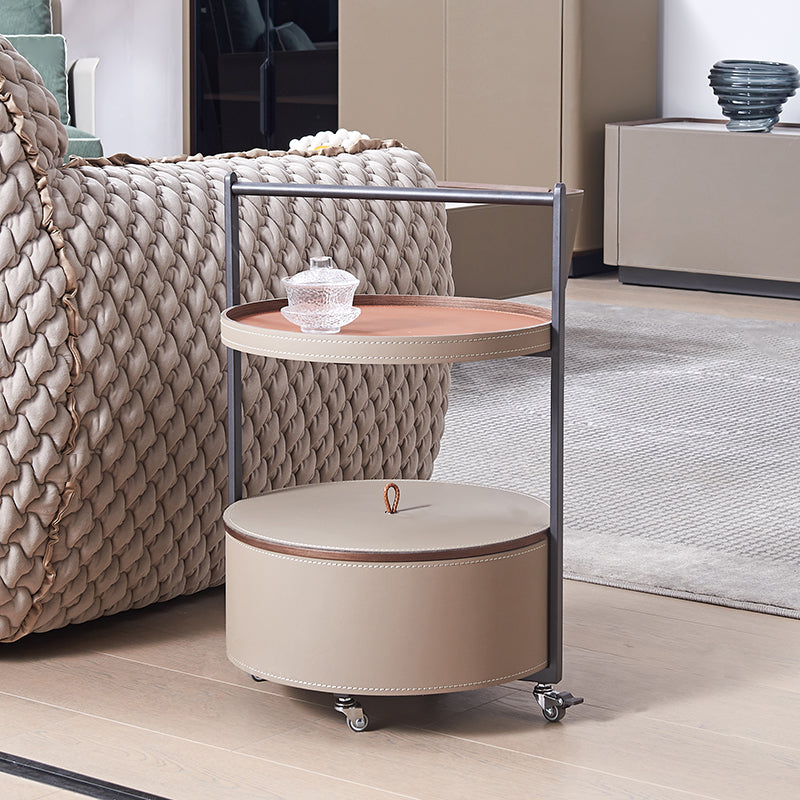 Smooth Casters Round Saddle-Style Faux Leather End Table - Creative 1-Tier Accent Trolley For Living Room