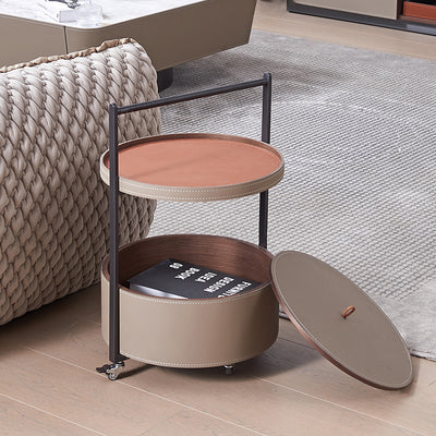 Smooth Casters Round Saddle Leather End Table - Creative 1-Tier Accent Trolley For Living Room