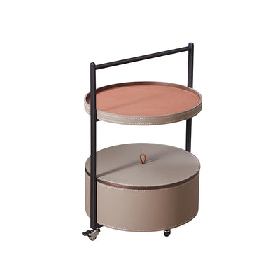 Smooth Casters Round Saddle Leather End Table - Creative 1-Tier Accent Trolley For Living Room