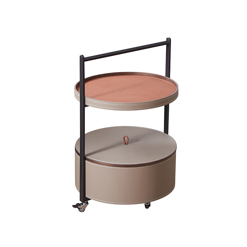 Smooth Casters Round Saddle Leather End Table - Creative 1-Tier Accent Trolley For Living Room