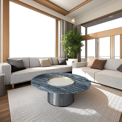 Premium Low Round Marble Saddle Leather Coffee Table - Nordic Accent Side Table For Living Room