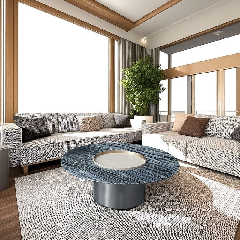 Premium Low Round Marble Saddle Leather Coffee Table - Nordic Accent Side Table For Living Room
