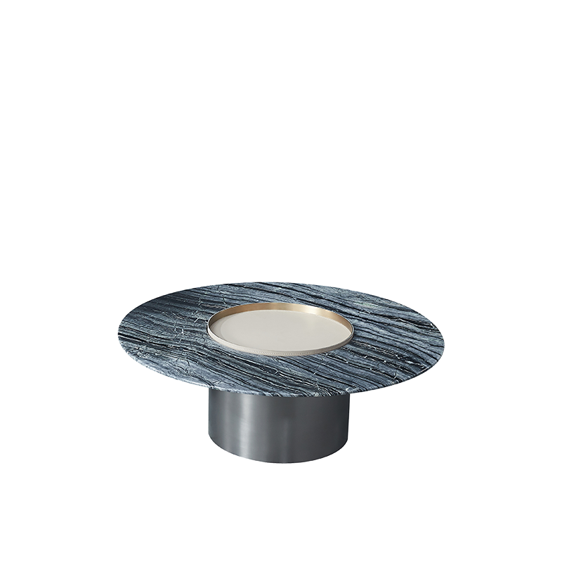 Premium Low Round Marble Saddle Leather Coffee Table - Nordic Accent Side Table For Living Room