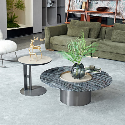 Premium Low Round Marble Saddle Leather Coffee Table - Nordic Accent Side Table For Living Room