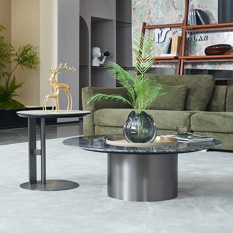 Premium Low Round Marble Saddle Leather Coffee Table - Nordic Accent Side Table For Living Room