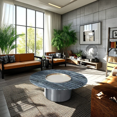 Premium Low Round Marble Saddle Leather Coffee Table - Nordic Accent Side Table For Living Room