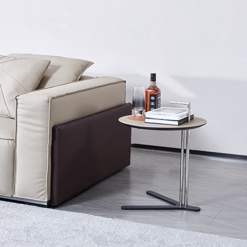 Round T-Base Saddle Leather End Table - Luxury Space-Saving C Side Table For Living Room