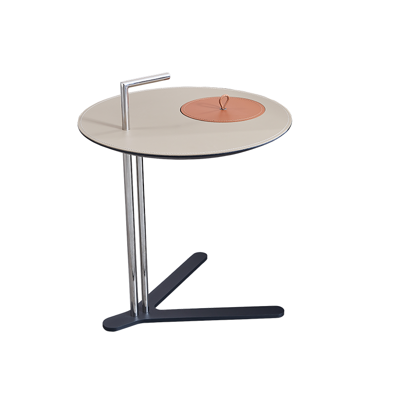 Round T-Base Saddle Leather End Table - Luxury Space-Saving C Side Table For Living Room