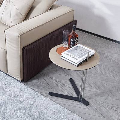 Round T-Base Saddle Leather End Table - Luxury Space-Saving C Side Table For Living Room