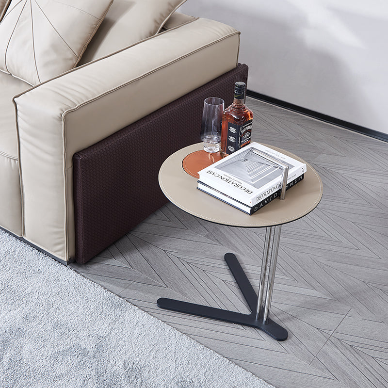 Round T-Base Saddle Leather End Table - Luxury Space-Saving C Side Table For Living Room