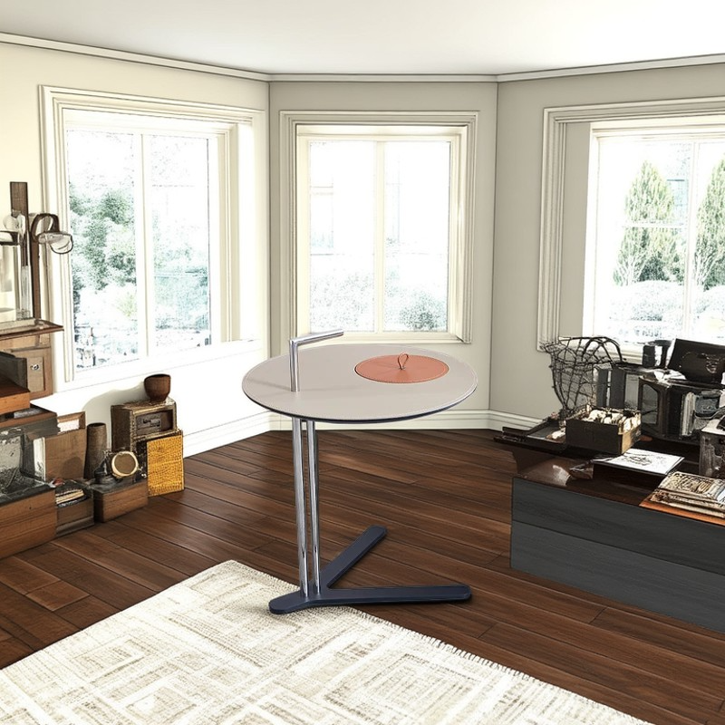 Round T-Base Saddle Leather End Table - Luxury Space-Saving C Side Table For Living Room