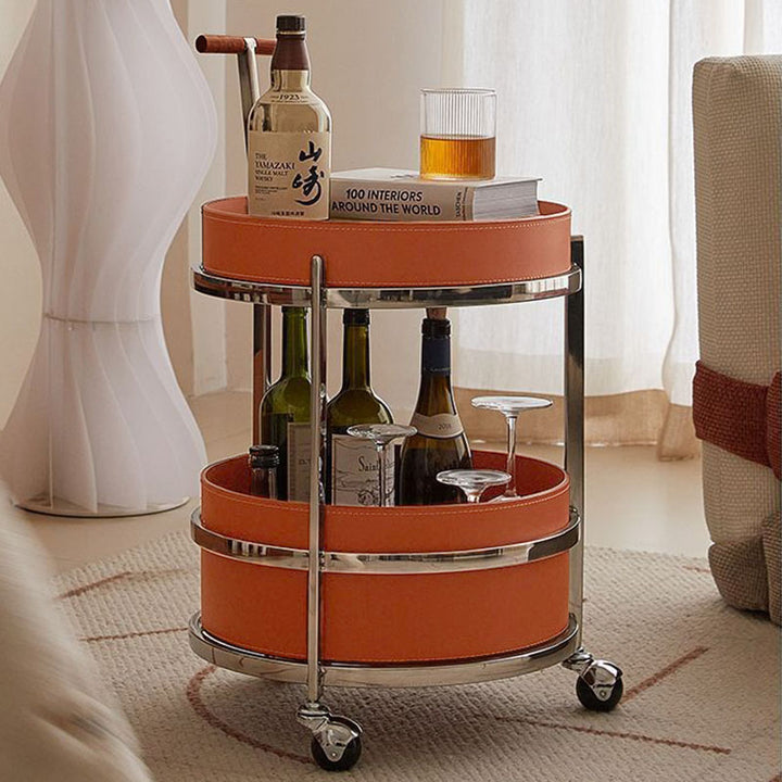 Rollender runder eleganter Faux-Sattelleder-Massivholz-Beistelltisch - Kreativer multifunktionaler Teewagen für das Wohnzimmer 