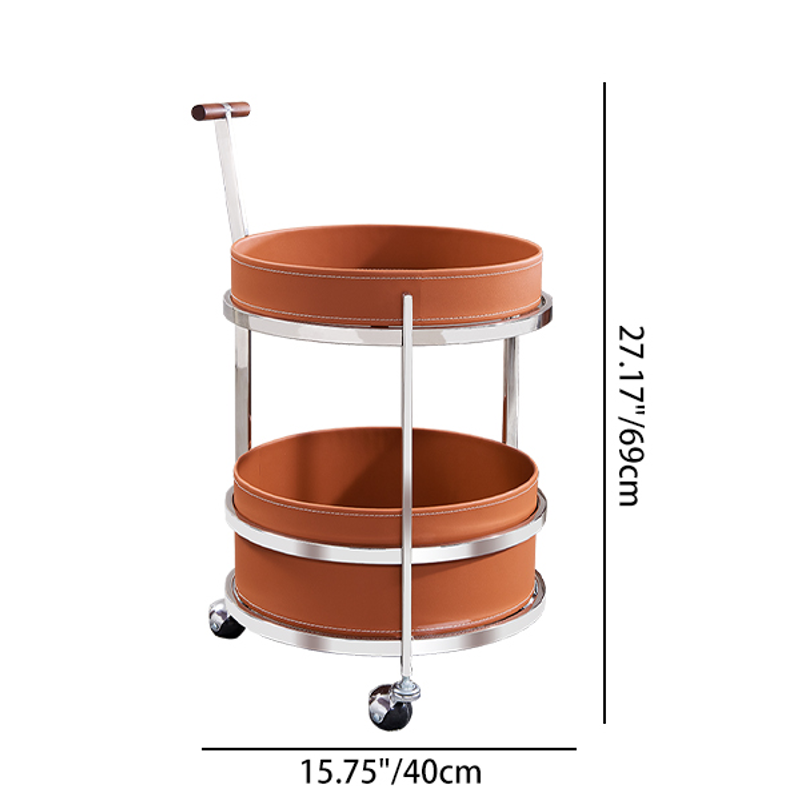 Rollender runder eleganter Faux-Sattelleder-Massivholz-Beistelltisch - Kreativer multifunktionaler Teewagen für das Wohnzimmer 