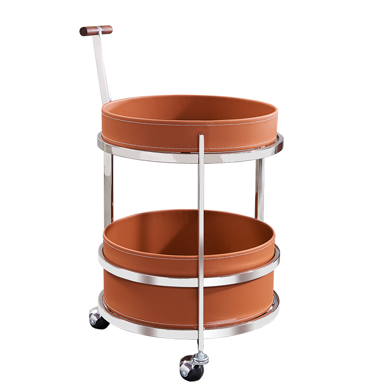 Rollender runder eleganter Faux-Sattelleder-Massivholz-Beistelltisch - Kreativer multifunktionaler Teewagen für das Wohnzimmer 