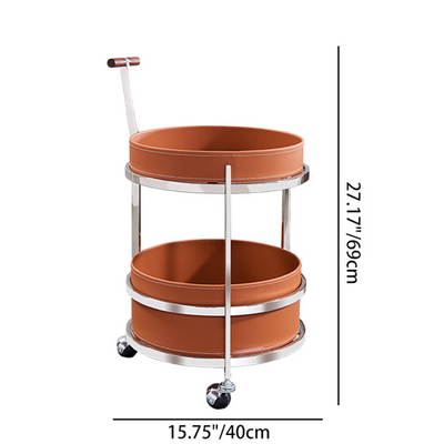 Rolling Round Elegant Saddle Leather Solid Wood End Table - Creative Multifunction Tea Trolley For Living Room