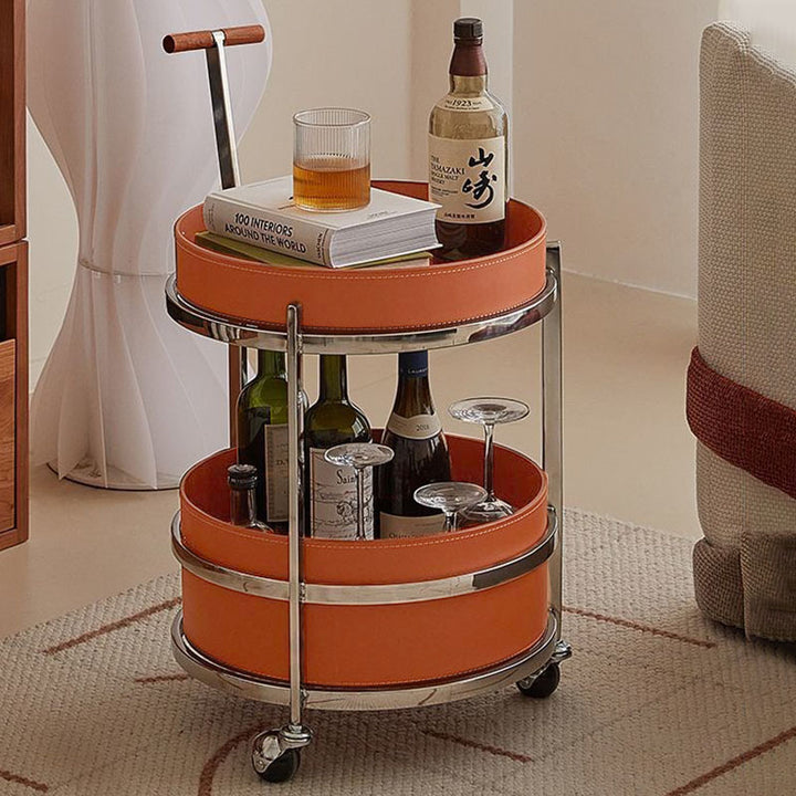 Rollender runder eleganter Faux-Sattelleder-Massivholz-Beistelltisch - Kreativer multifunktionaler Teewagen für das Wohnzimmer 