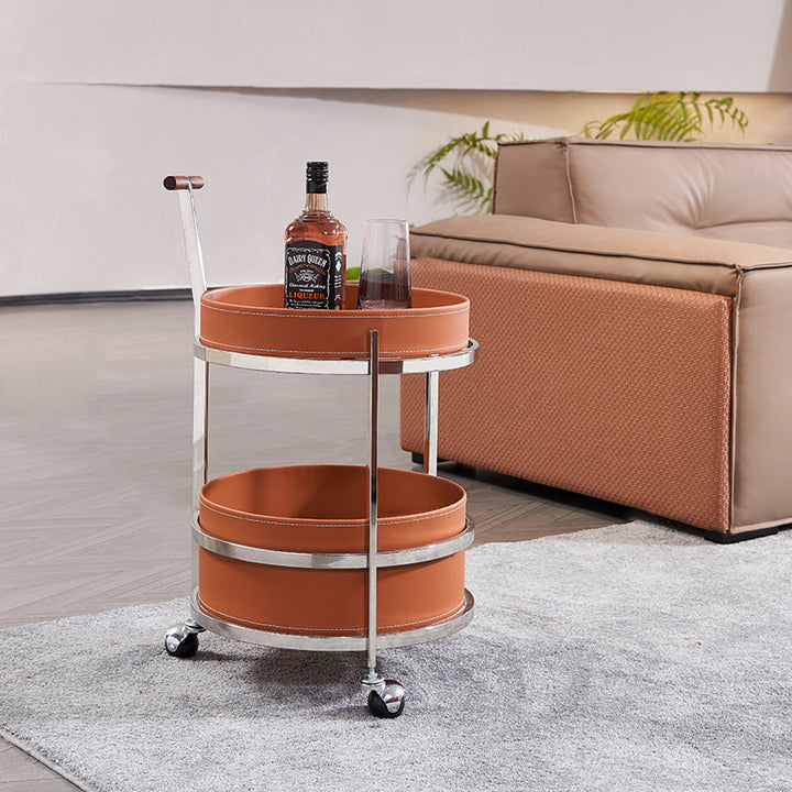 Rollender runder eleganter Faux-Sattelleder-Massivholz-Beistelltisch - Kreativer multifunktionaler Teewagen für das Wohnzimmer 