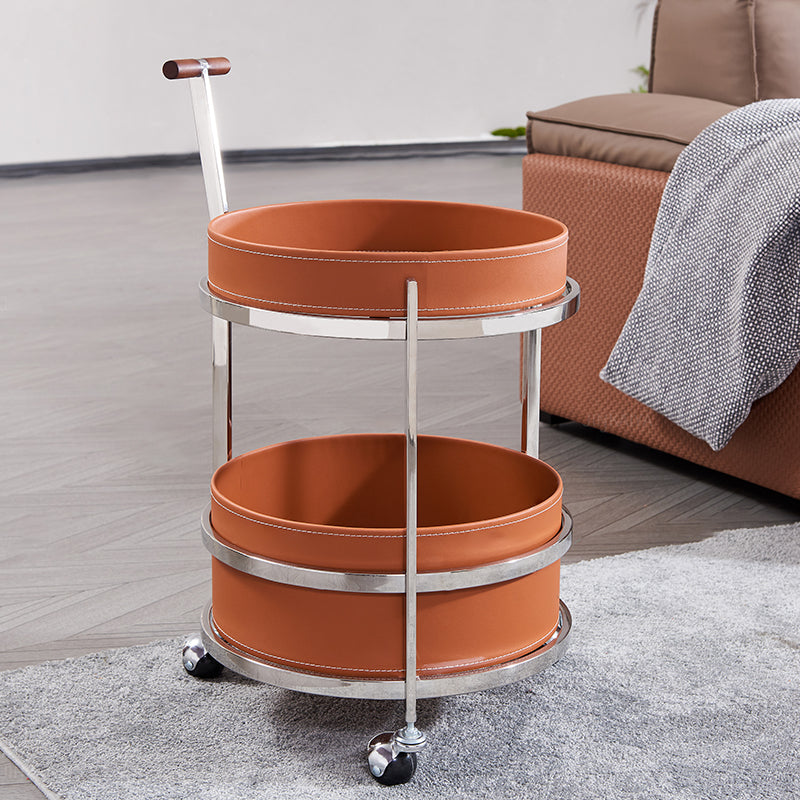 Rollender runder eleganter Faux-Sattelleder-Massivholz-Beistelltisch - Kreativer multifunktionaler Teewagen für das Wohnzimmer 