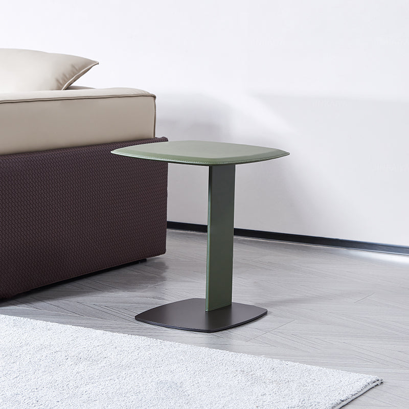 Rounded Square Saddle Leather End Table - Scandinavian Accent Side Table For Living Room