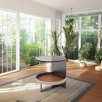 Round Tempered Glass Saddle Leather End Table - Luxury Elegant Side Table For Living Room