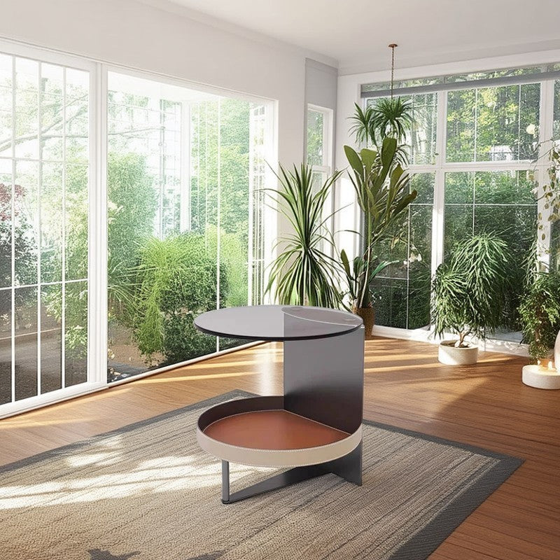Round Tempered Glass Saddle Leather End Table - Luxury Elegant Side Table For Living Room
