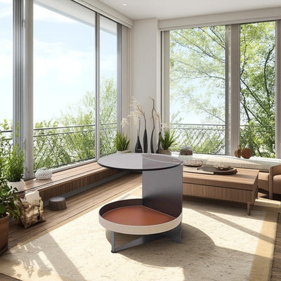 Round Tempered Glass Saddle Leather End Table - Luxury Elegant Side Table For Living Room