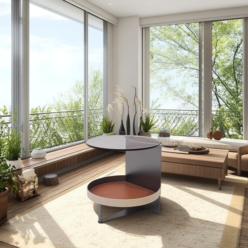 Round Tempered Glass Saddle Leather End Table - Luxury Elegant Side Table For Living Room