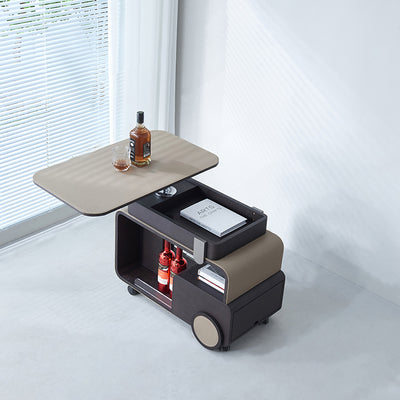 Elegant Rolling Saddle Leather Acrylic Side Table - Creative Multi-Functional Bar Cart With Adjustable Tabletop For Living Room