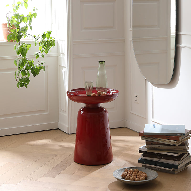 Sculptural Round Fiberglass End Table - Scandinavian Glossy Red Side Table For Living Room