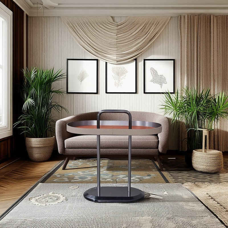 Elegant Oval Saddle Leather Marble End Table - Nordic Sofa Side Table For Living Room