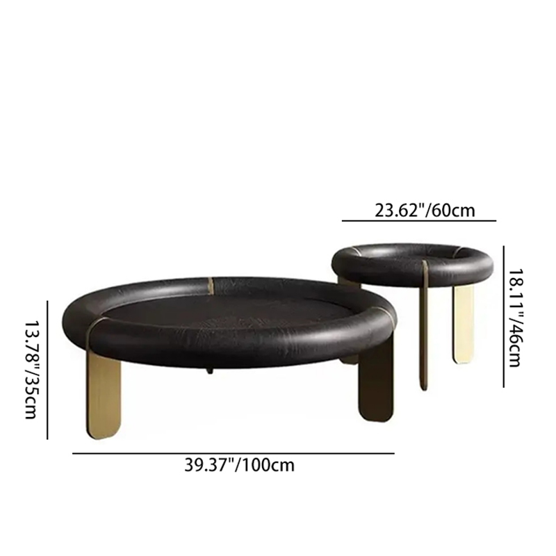 Round Black Oak Coffee Table With Brushed Brass Stainless Steel Legs - Vintage Low Accent Table For Living Room