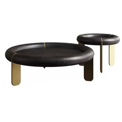 Round Black Oak Coffee Table With Brushed Brass Stainless Steel Legs - Vintage Low Accent Table For Living Room