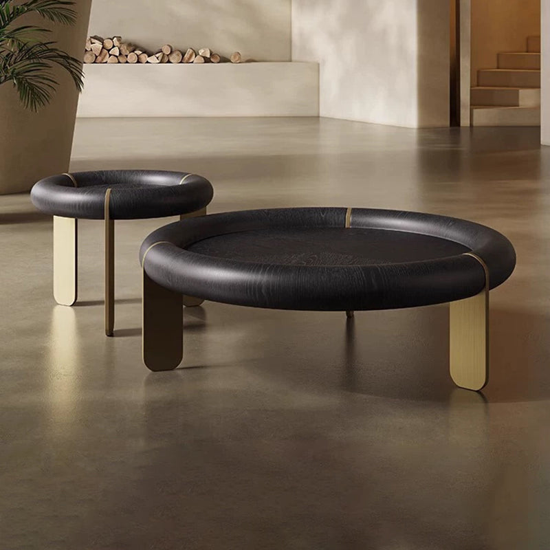 Round Black Oak Coffee Table With Brushed Brass Stainless Steel Legs - Vintage Low Accent Table For Living Room