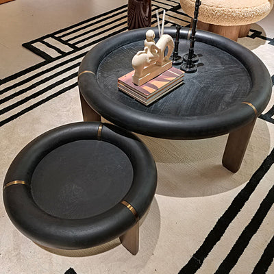 Table basse ronde en chêne noir avec pieds en acier inoxydable en laiton brossé - Table d'appoint basse vintage pour salon 